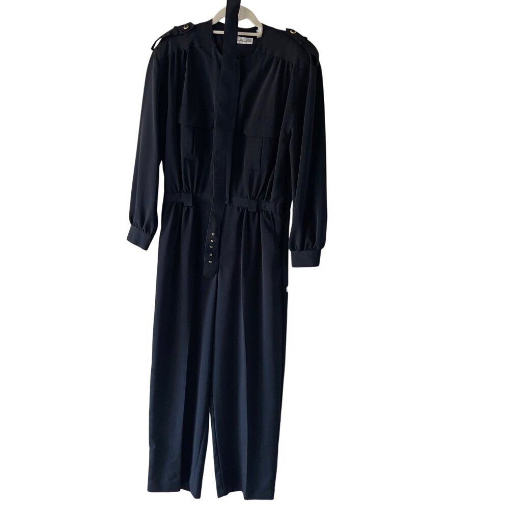 Chaus Vintage 1980s Womens Jumpsuit Size M Black Pockets Belted Elastic Waist